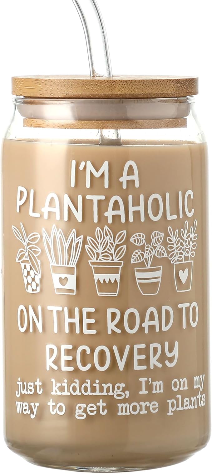 SUPREME LIGHTS ·2017· Gifts for Plant Lovers, Cool Gifts for Plantaholic, 16 oz Plantaholic Iced Coffee Glass Cup, Gardener Mug, Flower Planting Gift for Gardeners Women, Gardening Gift for Women Men