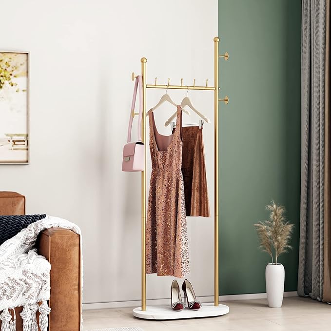 DR.IRON Gold Clothing Racks with Marble Base Modern Coat Racks Freestanding Gold Clothes Rack with Shelves for Bedroom Heavy Duty Garment Racks in Hallway, Entryway