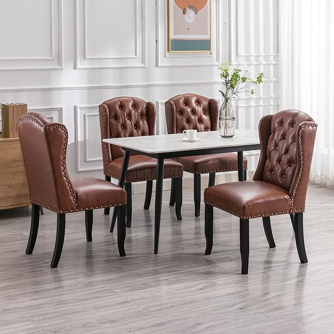 DUOMAY Modern Tufted Dining Chairs Set of 4, PU Leather Upholstered Dining Room Chairs Armless Guest Side Chair for Kitchen Dining Room, Wingback Accent Chairs with Solid Wood, Brown