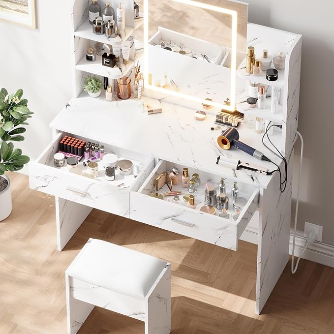 GAOMON Makeup Vanity Desk with Lights and Mirror, Vanity Table with 3 Lighting Modes, Storage Drawer, Shelves, Charging Station and Included Stool for Bedroom, Marble White