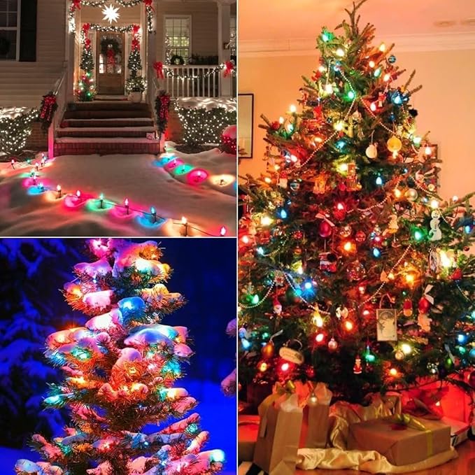 Couah C7 String Lights-25Ft Clear Vintage Multicolor Lights with 27 Colorful Incandescent Bulbs (2 Spare), Outdoor String Lights for Christmas Party Backyard Wedding- Green Wire, ULP(7)-LR(25)(5W)