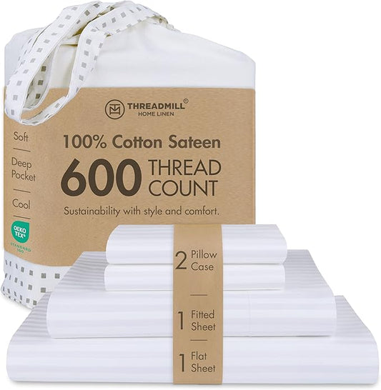 Threadmill 100% Cotton Sheets for Queen Size Bed - 600 Thread Count Queen Bed Sheets Set with 16” Deep Pocket - Damask Stripe Sateen Weave 4-Piece Bedding Set with Cooling Effect, White