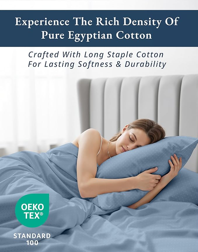 LANE LINEN Luxury Hotel Style 100% Egyptian Cotton Bed Sheets King Size, Mercerized Cotton, Sily Finish, No Pill Fade Resistant King Bedding Sheets & Pillowcases Jaquard Swiss Dot - French Blue
