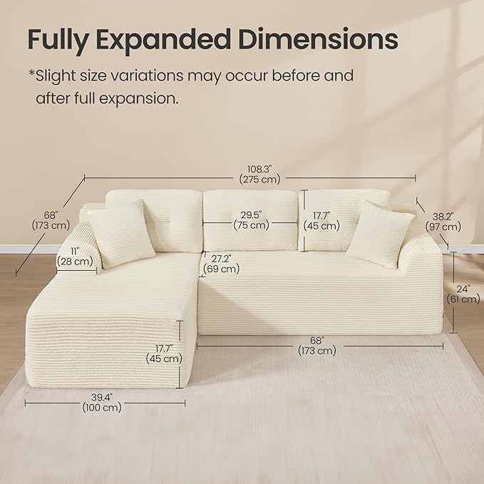 VASAGLE 108.3 Inches Boneless Couch with Chaise, Modular Sectional Sofa, Modern Cloud Couch with Deep Seat, L-Shape Corduroy Sofa for Living Room, Left-Facing Chaise, Bedroom, Cream White ULCS181WD01