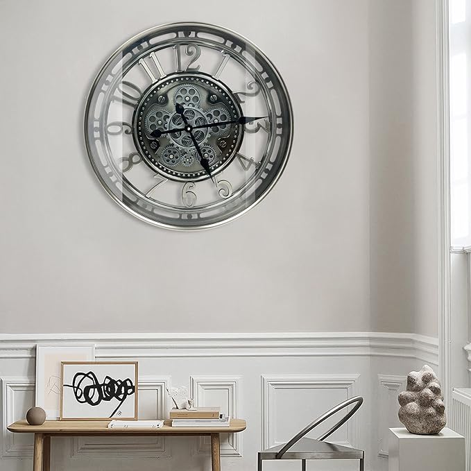 DORBOKER Real Moving Gears Wall Clock Large Modern Metal Clocks for Living Room Decor, Industrial Steampunk Unique Vintage Rustic Decorative Clock for Home Farmhouse Office, 21 Inch,Gunmetal Arabic