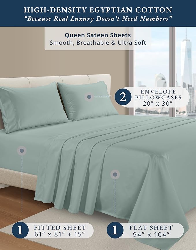 LANE LINEN 100% Egyptian Cotton Queen Sheet Set,15 inch Deep Pocket Fully Elasticized French Reinforced Pocket Seams for Soft, Comfy & Fresh Bed Eco Friendly Cooling Sheets Queen - Jadeite