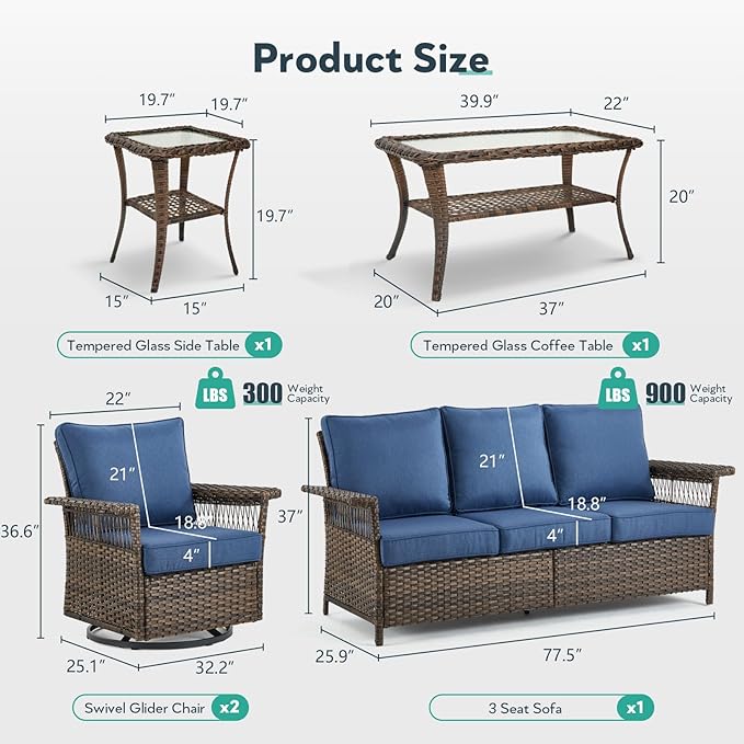 5 Pieces Wicker Patio Furniture Set - Hollow Widen Armrests Outdoor Swivel Glider Chairs and 3 Seat Sofa with Coffee Table & Side Table for Balcony Porch Deck and Yard - Brown/Blue