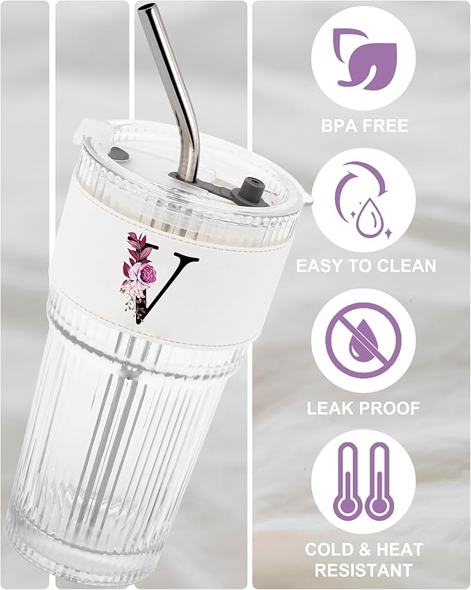 Monogram Glass Cup with Lid Straw Ribbed Ice Tea Matcha Latte Tumbler Women Niece Wife Unbiological Titi Son Girlfriend Police Pastor Sister Soul Work Bestie Social Worker Paraprofessional Gift V