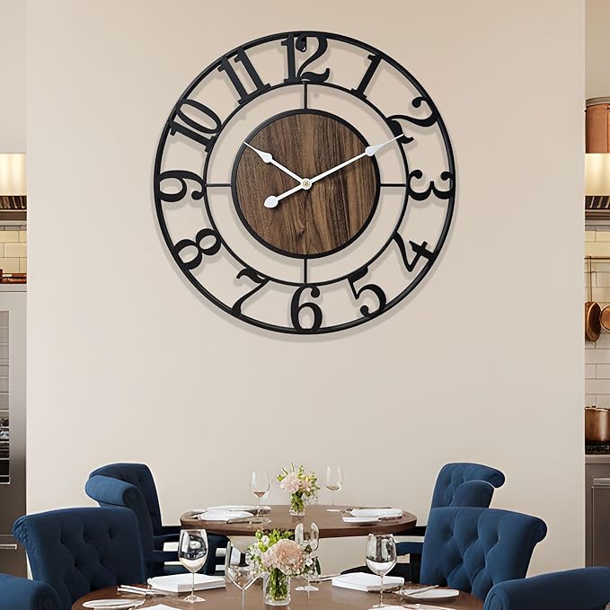 Large Metal Wall Clock, 24 Inch Retro Decorative Silent, Non Ticking, Battery Operated Modern Big Wood Wall Clock for Living Room, Farmhouse, Bedroom, Fireplace, Kitchen, Office, Home Decor