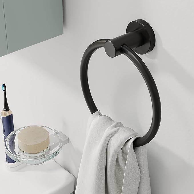 Matte Black Towel Ring, Hand Towel Holder for Bathroom Kitchen Modern Rounded Base Wall Mount SUS304 Stainless Steel