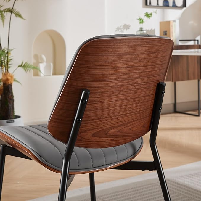 Dining Chairs Set of 2, Mid-Century Modern Upholstered PU Leather Chairs with Walnut Bentwood Back and Metal Legs Adjustable Feet for Kitchen Dining Living Room, Gray Vertical Stripes