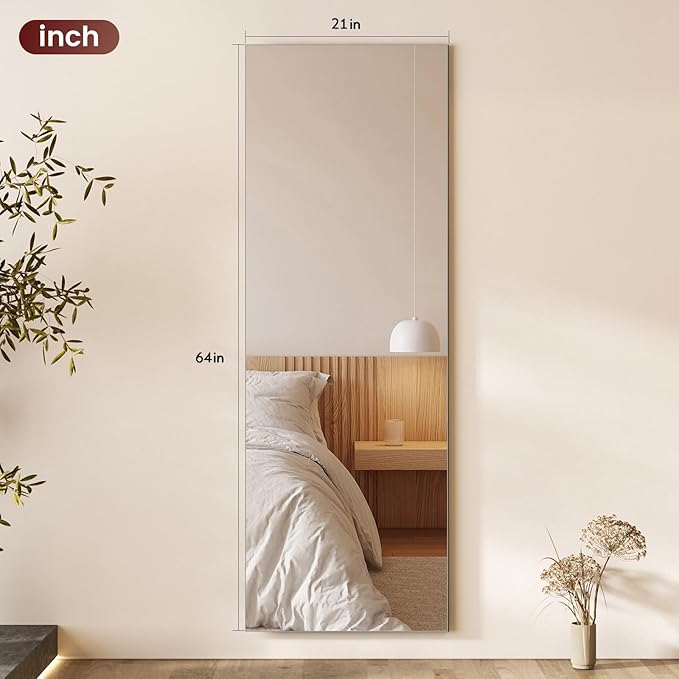 Kosmonia 64x21 Frameless Full Length Silver Coating Mirror w/Distortion Free, HD Reflection &Anti Desilvering, Tempered Glass & Shatter Proof Film Doubling Safety, Easy Setup w/Stand, Wall/Standing