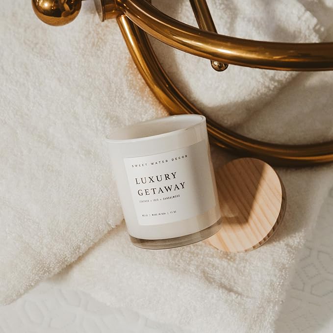 Sweet Water Decor Luxury Getaway Scented Candles - Soy Candles with Lemon, Cedarwood, Cinnamon, Vetiver, Amber & Musk Home Scent - Candle Wax with 50 Hours Burn Time - 11Oz Wood Lid White Jar Candles