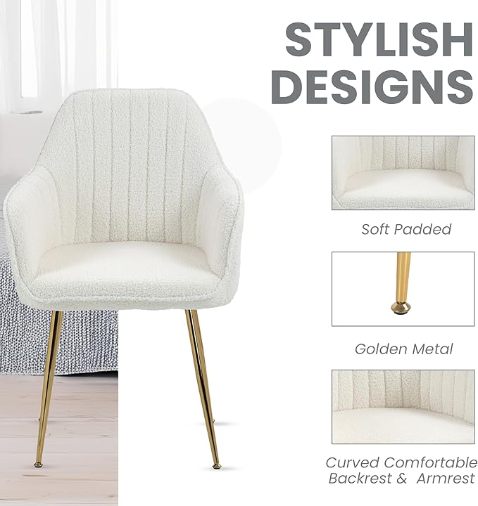 ECOTOUGE Modern Dining Chairs Set of 6, Upholstered Dining Room Chairs with Golden Metal Legs, Teddy Velvet Kitchen Chairs for Dining Table, Accent Chairs for Living Room, Cream White