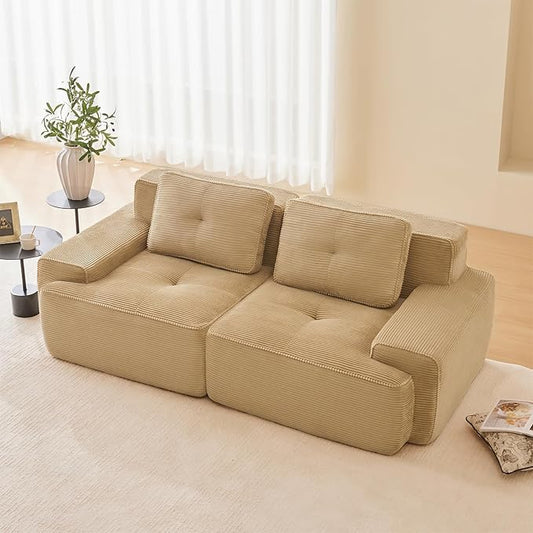 80" Modern Corduroy Boneless Love Seat Couches, 2 Seater Large Sectional Couches for Living Room, Camel Cloud Modular Sectional Sofa, Memory Foam, Extra Deep Loveseat, No Assembly
