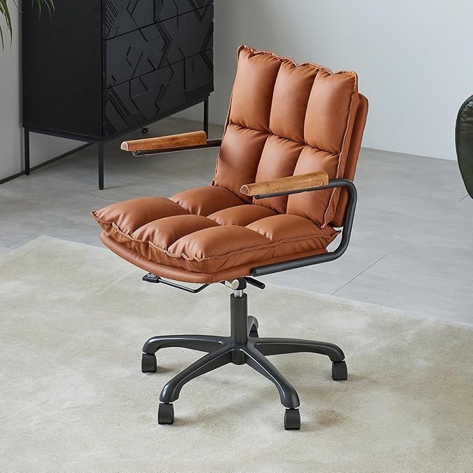 Home Office Desk Chair, Ergonomic Computer Chair with Wheels and Oak Arms, Adjustable Height Rolling Swivel Executive Task Armrests Chair, Rust Brown