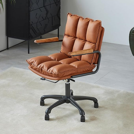 Home Office Desk Chair, Ergonomic Computer Chair with Wheels and Oak Arms, Adjustable Height Rolling Swivel Executive Task Armrests Chair, Rust Brown