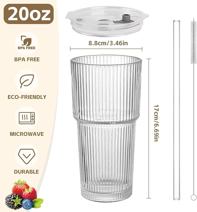 20OZ Glass Tumbler with Straw and Lid,Glass Cups with Lids and Straws,Ribbed Iced Coffee Cups Vintage Glassware for Juice Whiskey Cocktail Beer