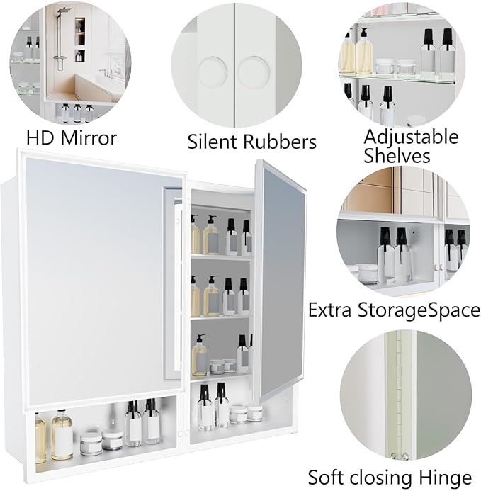 32x26 InchMedicine Cabinet with Mirror, Bathroom Mirrored Cabinet with Double Doors, Extra Storage Space, Bevel Mirror Wall Cabinet, Recessed or Surface Mount