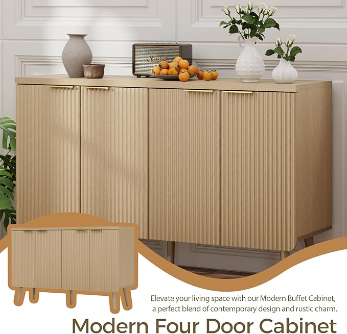 4-Door Fluted Sideboard Buffet Cabinet, 47" Large Storage Cabinet with Shleves, Wood Modern Accent Credenza Kitchen Table for Dining Room, Living Room & Entryway, Oak