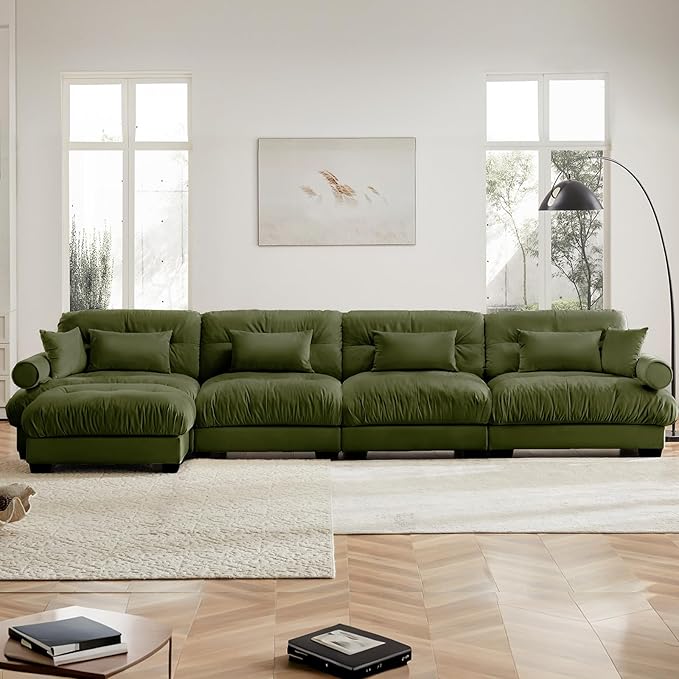 166" Oversized Couch, 4 Seater Modular Sectional Sofa, Olive Large L Shaped Sectional Couches for Living Room, Velvet Cloud Couch with Ottoman, L Shaped