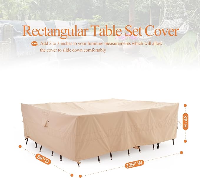 WJ-X3 Large Rectangular Outdoor Table Cover Waterproof, Heavy Duty Patio Furniture Set Cover UV-Resistant, Lawn Sectional Set Cover, High Wind Resistant, Anti-Fading 126W x 84D x 31H Inches, Beige