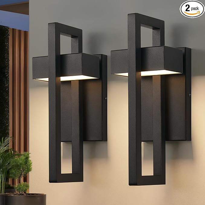 tewei LED Outdoor Wall Sconce Modern Exterior Lighting Fixtures, Matte Black Outdoor Front Porch Lights LED Outside Wall Mount Lights for House, Hallway, Warm White 3000K, 2 Pack