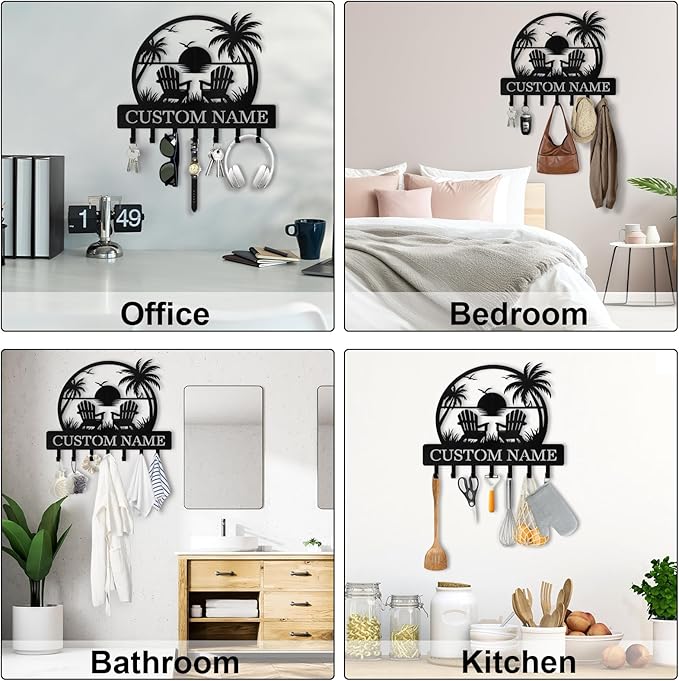 Personalized Key Holder for Wall, Beach Theme Key Holder Wall Mount with Hooks, Coconut Trees Key Hanger Wall Decor for Pool Bathroom Hallway Entryway Office, Customized Home Decor Gifts Color06