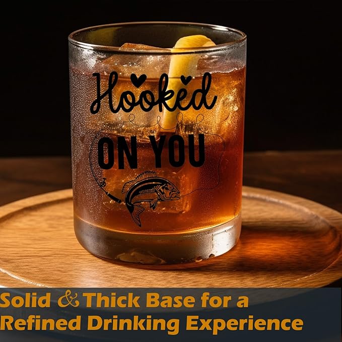 Fishing Lovers Gifts Old Fashioned Whiskey Glasses, Fishing Gifts for Couples, Hooked On You 10 oz Rocks Barware Cup for Cocktail Drinks Scotch Bourbon Liquor