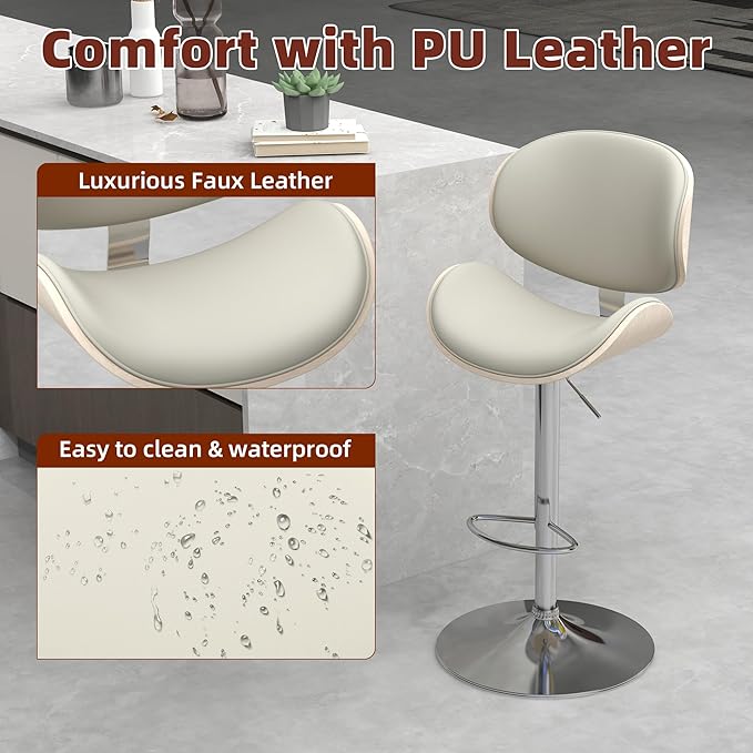 civama Bar Stools Set of 3 for Kitchen Counter, Adjustable Bar Height Chairs, Modern Swivel Barstools with Bentwood Seat and Back with Footrest for Kitchen Island, Dining Room, Grey PU Leather