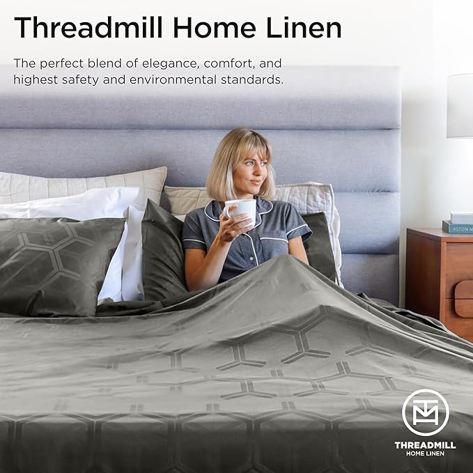 Threadmill 100% Cotton Sheets for Full Size Bed - 600 Thread Count Full Bed Sheets Set with 16” Deep Pocket - Jacquard Sateen Weave 4-Piece Bedding Set with Cooling Effect, Dark Grey