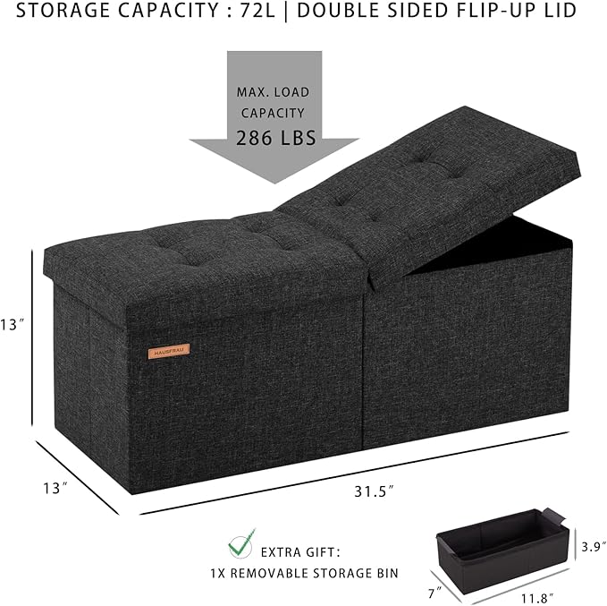 HAUSFRAU 31.5 Inches Ottoman with Storage Bench, Folding Ottoman Bench Small Foot Rest Stool, Bedroom Bench with Flipping Lid, Linen Mushroom Grey