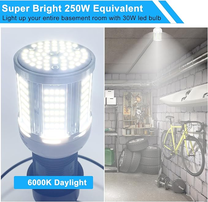 2 Pack 200W Equivalent Led Corn Light Bulb, 3600 Lumen 6000K Daylight 30W LED Corn Lamp, E26/E27 Medium Base for Indoor Garage Factory Warehouse Backyard 85V-265V