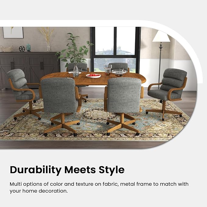 Chromcraft Douglas Set of 4 Casual Dining Chairs Classic Swivel Tilt Dinning Chairs with Casters, Wooden Arm Metal Pedestal Base Chairs with Rolling Wheels for Kitchen & Dining Room