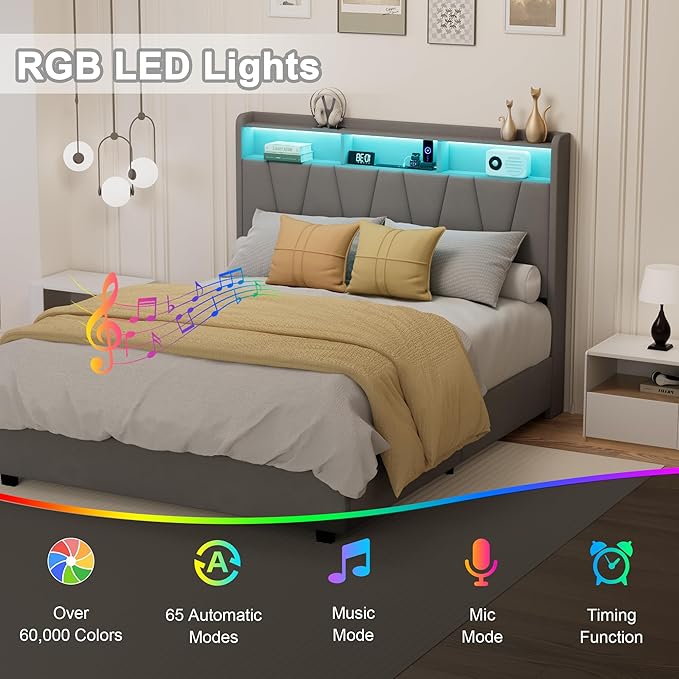 Full Size Bed Frame, Velvet Upholstered LED Platform Bed with Headboard Storage, Bed Frame Full Built-in Charging Station with 4 Drawers, Wood Slat Support, No Box Spring Needed, Grey