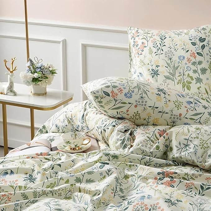EAVD Vintage Botanical Floral Comforter Set Full Soft Microfiber Cute Colorful Floral Leaves Pattern Bedding Set 1 Full Comforter and 2 Pillowcases Fresh Garden Botanical Comforter Set for All-Season