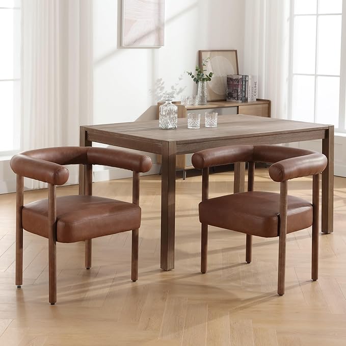 Mid-Century Modern Dining Chairs Set of 6, Armrest Barrel Dining Chairs Side Accent Chairs with Curved Back, Upholstered Wood Armchairs for Kitchen, PU Leather Brown