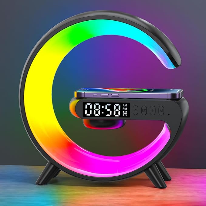 Smart LED Table Lamp, 4-in-1 Wireless Charger Smart Atmosphere Lamp, Night Light, Bluetooth Speaker & Alarm Clock for Bedroom, Office, and Home Decor (Black)
