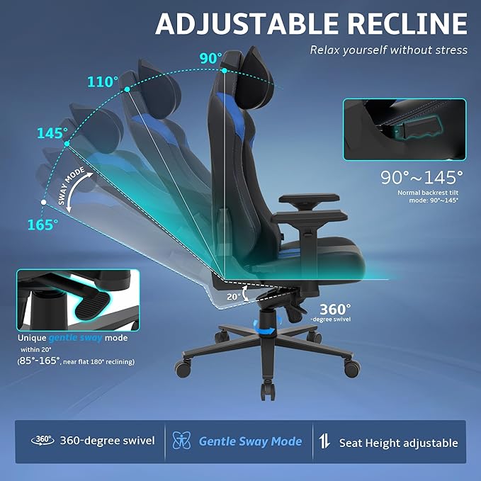 Ergonomic Gaming Chair, Computer Desk Chairs, 4D Armrests, High Back Office Chair with Headrest & Lumbar Pillow, Tilt Rocker Recliner, Heavy-Duty Base, Black PU Leather & Blue Suede Combo