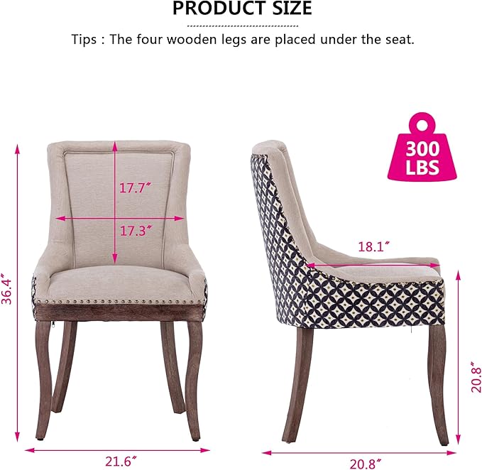 Farmhouse Dining Chairs Set of 4, Upholstered Fabric Dining Room Accent Chairs with Wood Legs & Bronze Nailhead, High Wingback Kitchen Chairs for Living Room Hotel Apartment, Beige Patterned