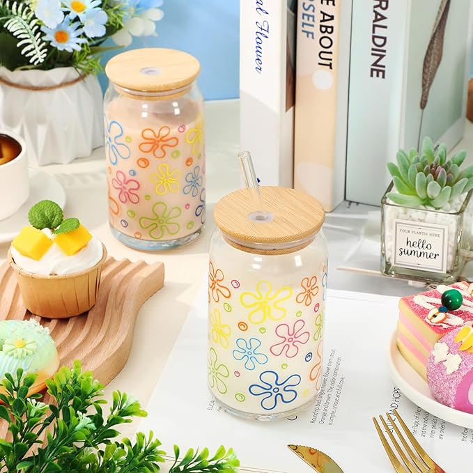 2 Pack Cartoon Sponge Drinking Glasses 16oz Flower Bubbles Glass Cup Colorful Iced Coffee Cup with Lid Straw for Birthday Baby Shower Cocktail Whiskey Beer Soda