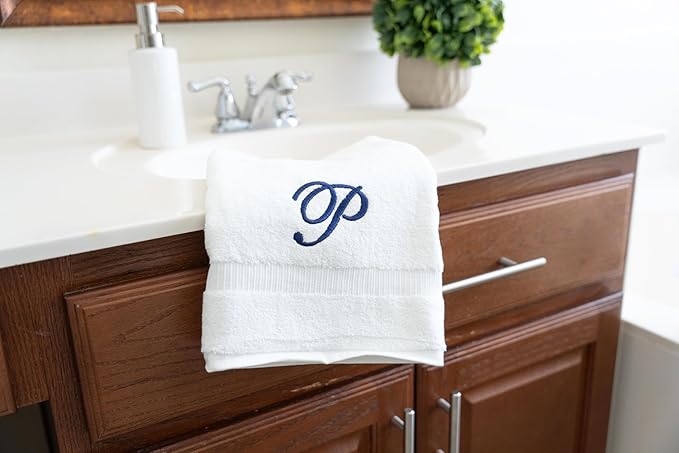 White Monogrammed Hand Towels for Bathroom - Luxury Hotel Quality Personalized Initial Embroidered Towel for Powder Room, Spa - GOTS Organic Certified - Pack of 2 Navy, Letter P