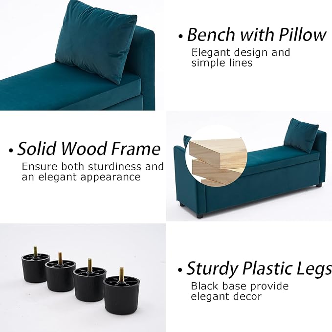 Velvet Storage Bench for Bedroom, 55" End of Bed Bench for King Size Bed, Modern Upholstered Long Ottoman Bench with Arms and 2 Pillows for Living Room/Entryway (Teal/Blue-Green)