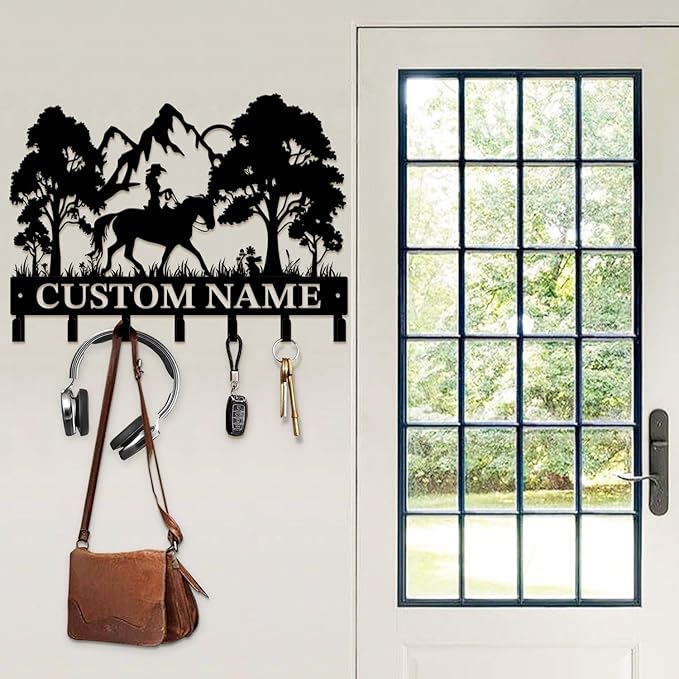 Custom Horse Key Hook - Personalized Forged Iron Wall Keys Holder with Equestrian Design, Black Metal Home Decor for Horse Theme Lovers (Style A)