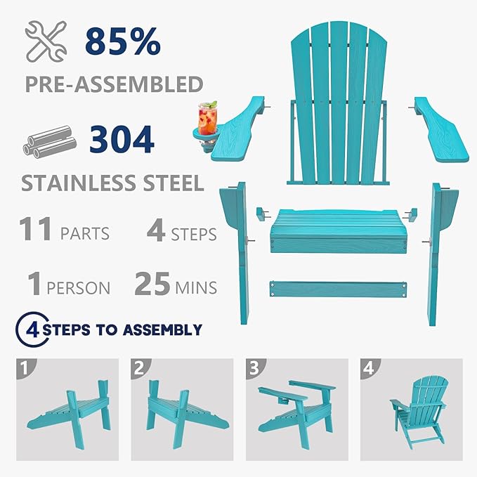 Plawdlik Folding Adirondack Chair, SGS Tested, Wooden Textured with Cup Holder, Heavy All-Weather HDPE Comfortable Set Poolside Backyard Lawn Aruba Blue Set 2