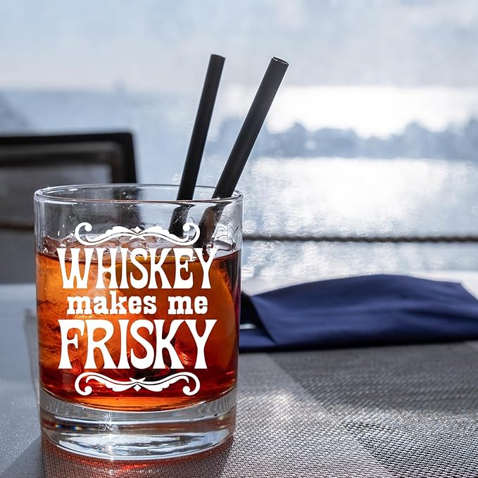 Whisky Lovers Gifts Old Fashioned Whiskey Glasses, Whisky Gifts for Women Men, Whiskey Makes Me Frisky 10 oz Rocks Barware Cup for Cocktail Drinks Scotch Bourbon Liquor