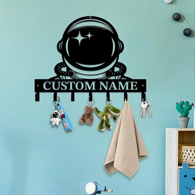 Personalized Custom Astronaut UFO Metal Wall Keys Hooks,Clothes Hooks Astronaut Art coat racks,door holder,Black Astronaut decorations for home,Entrance doors,Hallway, Bedroom,Keys,Hats (Style B)