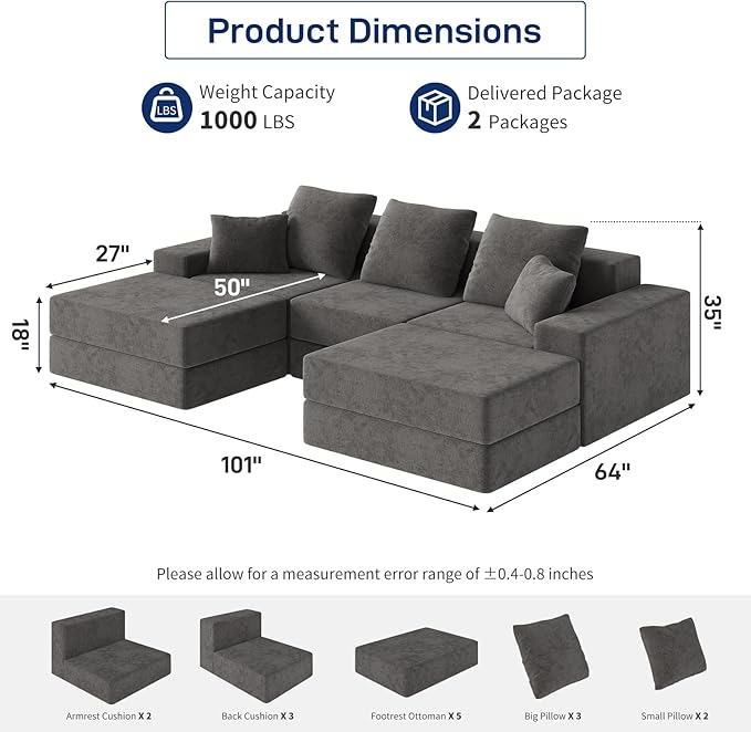 Living&Giving 101" U-Shaped Cloud Sectional Couch for Living Room, Cloud Boneless Couch-No Assembly with Reversible Chaise, Customizable 3-Seat Modular Sectional Sofa with 2 Ottoman,Dark Grey