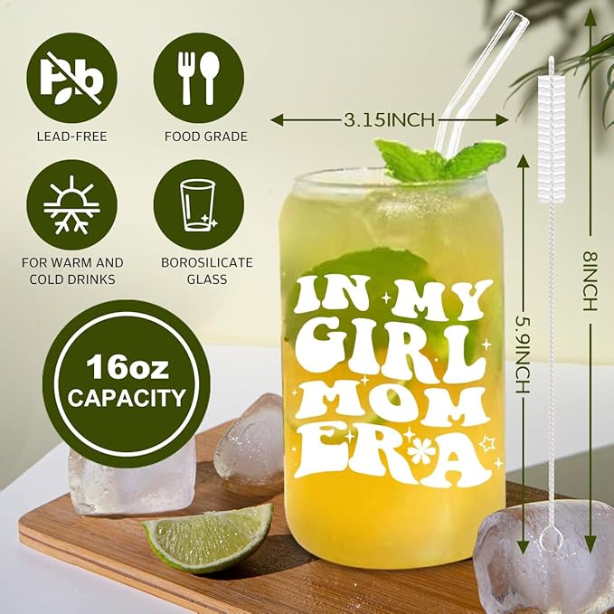 In My Girl Mom Era 16oz Glass Cup - Drinking Cup with Lid and Straw for Moms - Christmas & Mothers Day Gifts