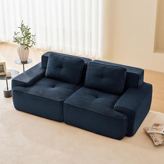 80" Modern Compressed Boneless Love Seat Couches, 2 Seater Large Sectional Couches for Living Room, Blue Corduroy Cloud Modular Sectional Sofa, Memory Foam, Extra Deep Loveseat, No Assembly